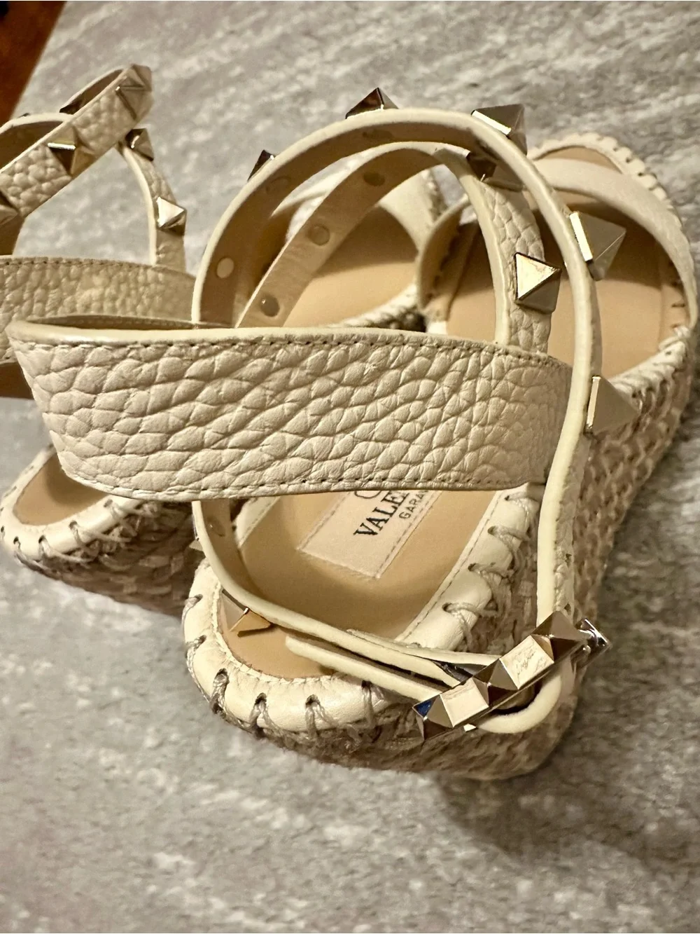 Valentino Ivory Leather Rockstud Ankle-Strap Wedge Sandals